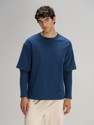 Футболка оверсайз с двойным рукавом Kosmos, темно-синяя Футболка оверсайз с двойным рукавом Kosmos, темно-синяя