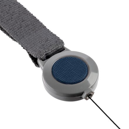 Лента для бейджа с ретрактором Devon, серая с синим Лента для бейджа с ретрактором Devon, серая с синим