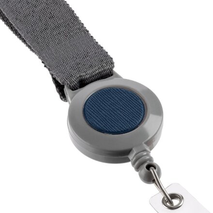 Лента для бейджа с ретрактором Devon, серая с синим Лента для бейджа с ретрактором Devon, серая с синим