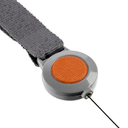 Лента для бейджа с ретрактором Devon, серая с оранжевым Лента для бейджа с ретрактором Devon, серая с оранжевым