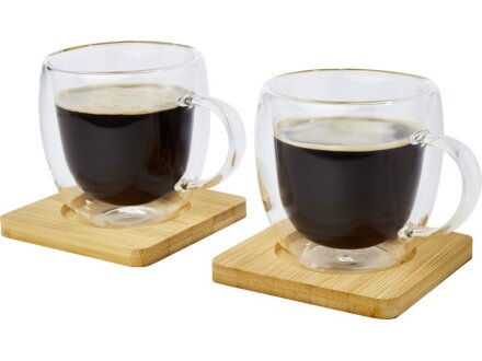 Стеклянный стакан Manti объемом 250 мл с двойными стенками и подставкой из бамбука, 2 шт. , natural