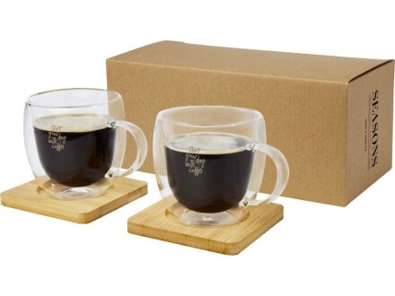 Стеклянный стакан Manti объемом 250 мл с двойными стенками и подставкой из бамбука, 2 шт. , natural