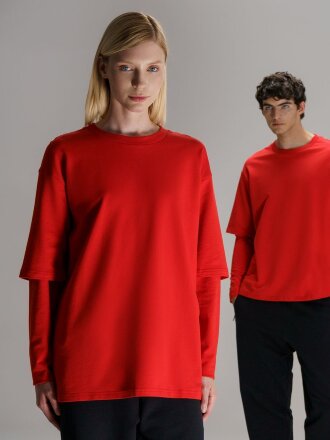 Футболка оверсайз с двойным рукавом Kosmos, красная Футболка оверсайз с двойным рукавом Kosmos, красная