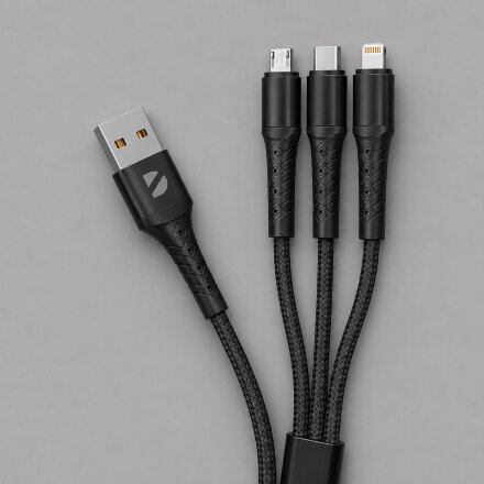 Дата-кабель Armor 3 в 1: micro USB, USB-C, Ligthning, 1.2м, черный, Deppa