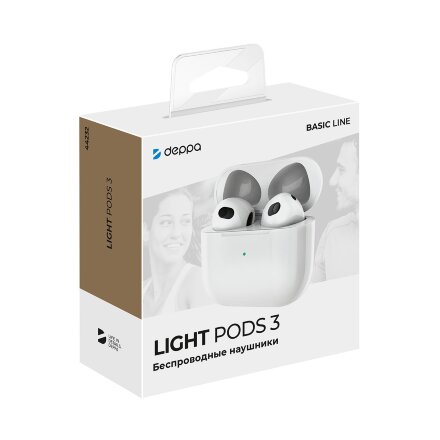 Беспроводные наушники с микрофоном Light Pods 3 , TWS, BT 5.4, 300 мАч, белый, Deppa Беспроводные наушники с микрофоном Light Pods 3 , TWS, BT 5.4, 300 мАч, белый, Deppa