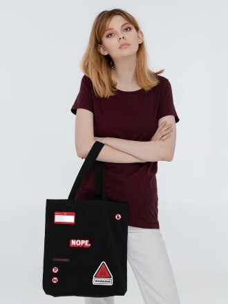 Холщовая сумка с термонаклейками Cautions, черная Холщовая сумка с термонаклейками Cautions, черная