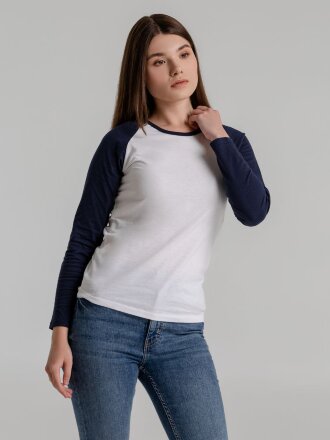 Футболка женская с длинным рукавом Milky Lsl, белая с темно-синим Футболка женская с длинным рукавом Milky Lsl, белая с темно-синим