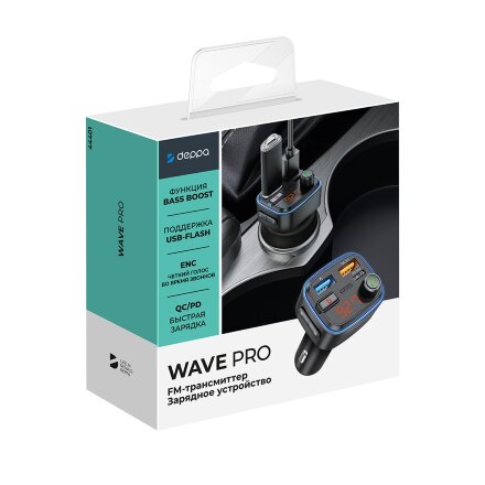 FM-трансмиттер Wave Pro, QC/PD, LED, 48Вт, ENC, Bass boost, черный, Deppa FM-трансмиттер Wave Pro, QC/PD, LED, 48Вт, ENC, Bass boost, черный, Deppa
