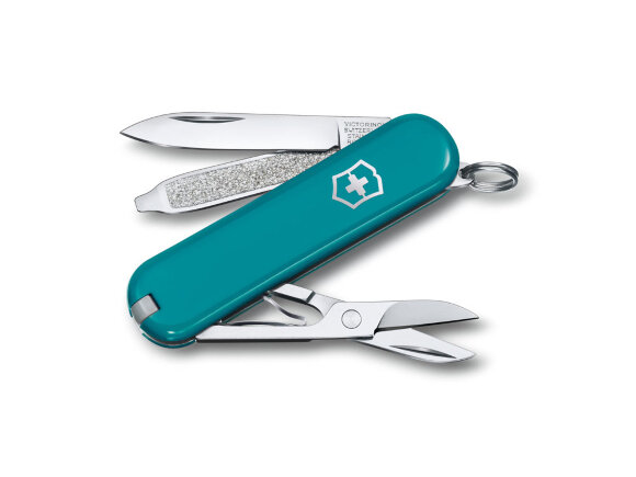 Нож-брелок VICTORINOX Classic SD Colors Mountain Lake, 58 мм, 7 функций, тёмно-бирюзовый с нанесением логотипа