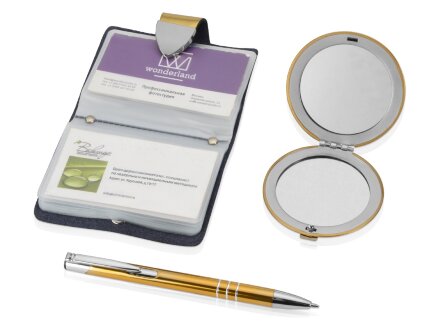 Набор Чувства: шариковая ручка, зеркало, визитница, золотистый (Р) Набор Чувства: шариковая ручка, зеркало, визитница, золотистый (Р)