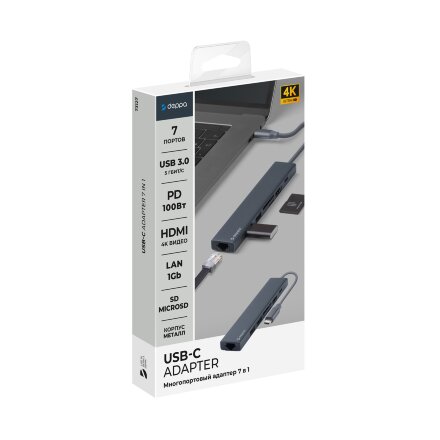 USB Type-C хаб 7-в-1, HDMI, Power Delivery, 2xUSB 3.0, RJ45, microSD/SD, графит, Deppa USB Type-C хаб 7-в-1, HDMI, Power Delivery, 2xUSB 3.0, RJ45, microSD/SD, графит, Deppa