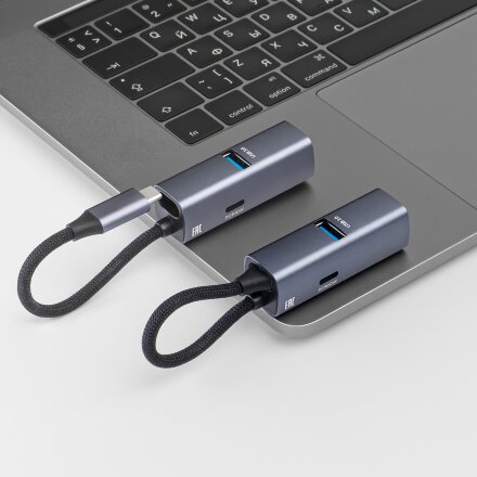 USB-хаб 3 в 1 USB-C - USB-A3.0 + USB-C PD100Вт + HDMI, серый, Deppa USB-хаб 3 в 1 USB-C - USB-A3.0 + USB-C PD100Вт + HDMI, серый, Deppa