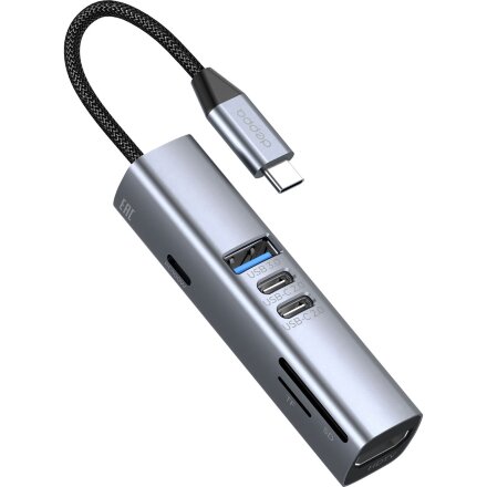 USB-хаб 7 в 1 USB-C - USB-A3.0 + 2хUSB-C + USB-C PD100Вт + HDMI + SD + microSD, серый, Deppa USB-хаб 7 в 1 USB-C - USB-A3.0 + 2хUSB-C + USB-C PD100Вт + HDMI + SD + microSD, серый, Deppa