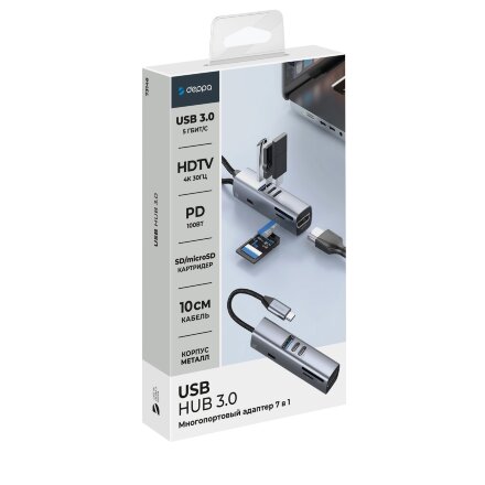 USB-хаб 7 в 1 USB-C - USB-A3.0 + 2хUSB-C + USB-C PD100Вт + HDMI + SD + microSD, серый, Deppa USB-хаб 7 в 1 USB-C - USB-A3.0 + 2хUSB-C + USB-C PD100Вт + HDMI + SD + microSD, серый, Deppa