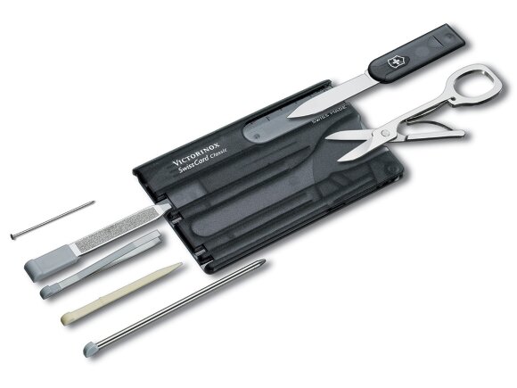 Швейцарская карточка VICTORINOX SwissCard Classic, 10 функций, полупрозрачная чёрная с нанесением логотипа