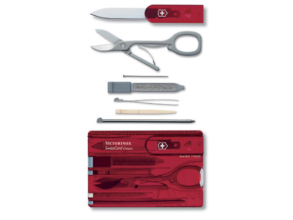 Швейцарская карточка VICTORINOX SwissCard Classic, 10 функций, полупрозрачная красная с нанесением логотипа