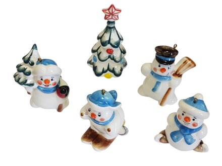 Набор елочных игрушек Снеговички подглазурная роспись Набор елочных игрушек Снеговички подглазурная роспись