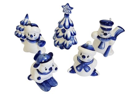 Набор елочных игрушек Снеговички кобальтовая роспись Набор елочных игрушек Снеговички кобальтовая роспись