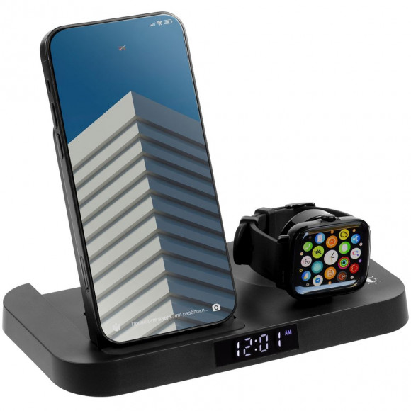 Зарядная станция с часами Clock Nest, черная с нанесением логотипа
