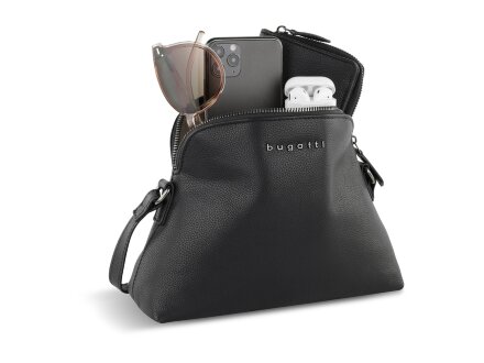 Сумка наплечная женская BUGATTI Bella, чёрная, воловья кожа/полиэстер, 23х8х17 см Сумка наплечная женская BUGATTI Bella, чёрная, воловья кожа/полиэстер, 23х8х17 см