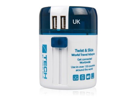 Адаптер с 2-умя USB-портами для зарядки Travel Blue Twist & Slide Adaptor голубой/белый Адаптер с 2-умя USB-портами для зарядки Travel Blue Twist & Slide Adaptor голубой/белый