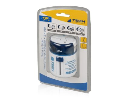 Адаптер с 2-умя USB-портами для зарядки Travel Blue Twist & Slide Adaptor голубой/белый Адаптер с 2-умя USB-портами для зарядки Travel Blue Twist & Slide Adaptor голубой/белый