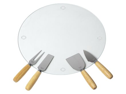 Набор для сыра с круглой стеклянной доской 5в1 Набор для сыра с круглой стеклянной доской 5в1