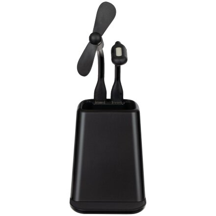 Настольный органайзер с зарядкой, лампой, вентилятором и подсветкой логотипа powerTower, черный Настольный органайзер с зарядкой, лампой, вентилятором и подсветкой логотипа powerTower, черный