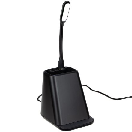 Настольный органайзер с зарядкой, лампой, вентилятором и подсветкой логотипа powerTower, черный Настольный органайзер с зарядкой, лампой, вентилятором и подсветкой логотипа powerTower, черный