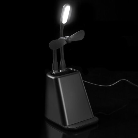 Настольный органайзер с зарядкой, лампой, вентилятором и подсветкой логотипа powerTower, черный Настольный органайзер с зарядкой, лампой, вентилятором и подсветкой логотипа powerTower, черный