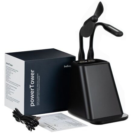 Настольный органайзер с зарядкой, лампой, вентилятором и подсветкой логотипа powerTower, черный Настольный органайзер с зарядкой, лампой, вентилятором и подсветкой логотипа powerTower, черный