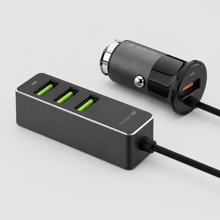 АЗУ 1 USB + 3 USB для пассажиров, QC 3.0, 7А, алюминий, графит, Deppa АЗУ 1 USB + 3 USB для пассажиров, QC 3.0, 7А, алюминий, графит, Deppa