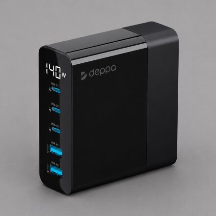 Зарядная станция 3xUSB Type-C, 2xUSB, PD, QC, 140Вт, черный, Deppa Зарядная станция 3xUSB Type-C, 2xUSB, PD, QC, 140Вт, черный, Deppa