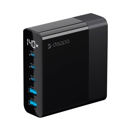 Зарядная станция 3xUSB Type-C, 2xUSB, PD, QC, 140Вт, черный, Deppa Зарядная станция 3xUSB Type-C, 2xUSB, PD, QC, 140Вт, черный, Deppa