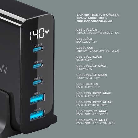 Зарядная станция 3xUSB Type-C, 2xUSB, PD, QC, 140Вт, черный, Deppa Зарядная станция 3xUSB Type-C, 2xUSB, PD, QC, 140Вт, черный, Deppa
