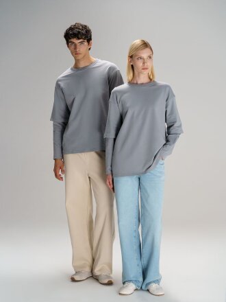 Футболка оверсайз с двойным рукавом Kosmos, светло-серая Футболка оверсайз с двойным рукавом Kosmos, светло-серая