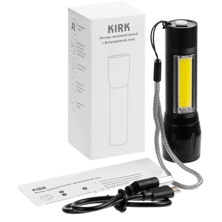 Фонарик аккумуляторный с фокусировкой луча Kirk, черный Фонарик аккумуляторный с фокусировкой луча Kirk, черный